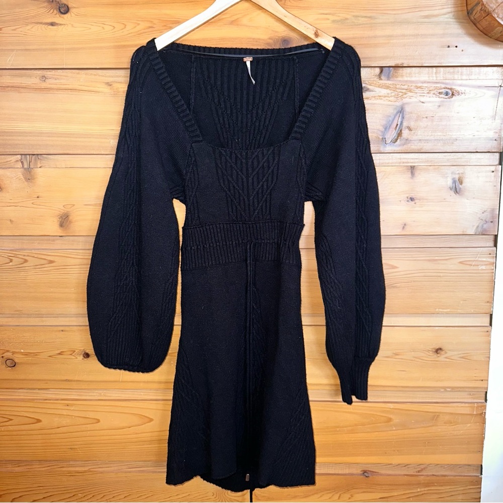 Free People Emmaline Mini Dress Black Knit Long Sleeve Boho Size M
